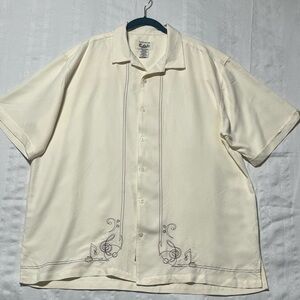BUNGALOW JOE Cream Short Sleeve Button-Up Shirt with Embroidery, SIZE XXL